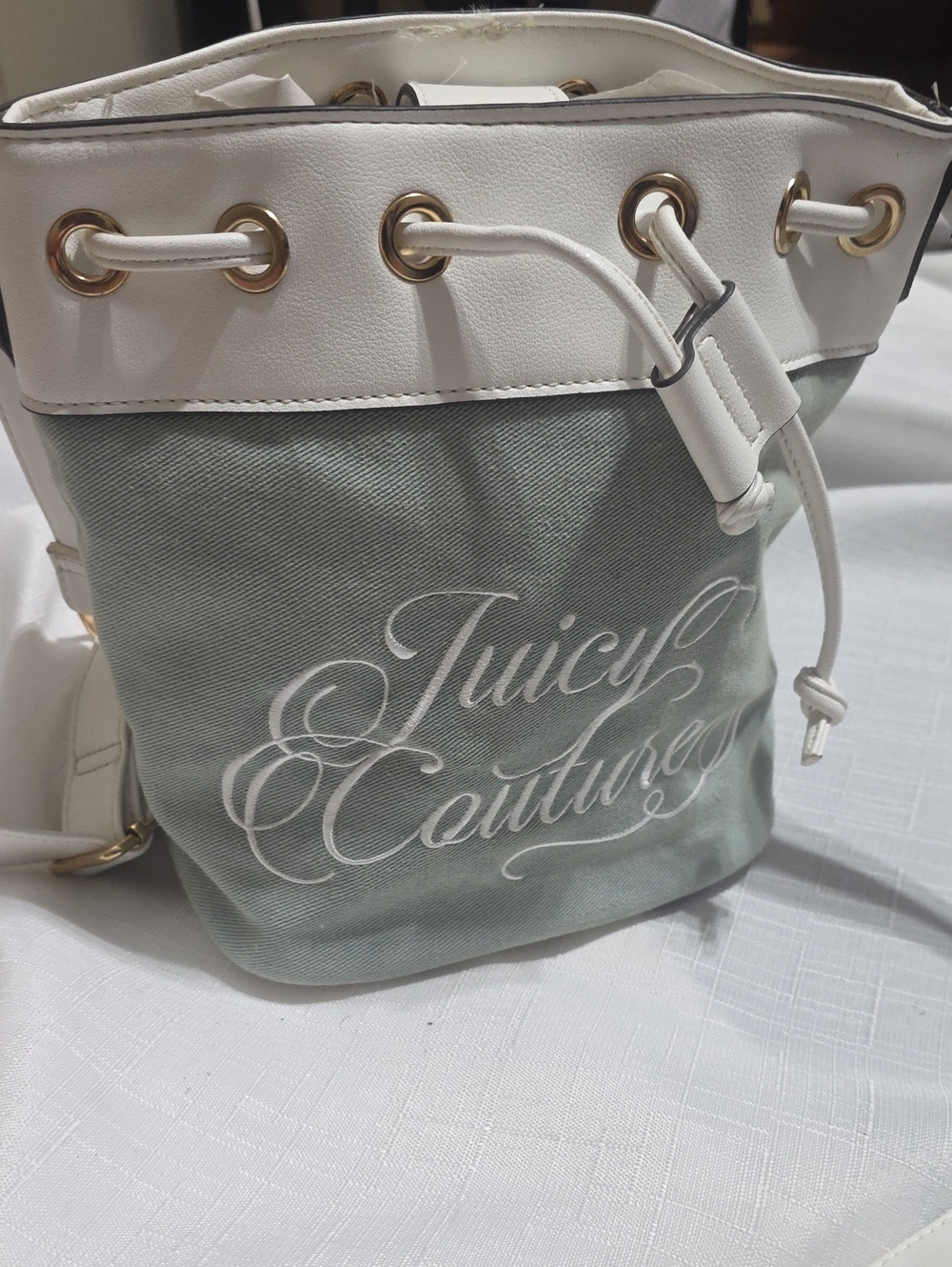 Juicy Couture Sage Green and White Drawstring Crossbody Bucket Bag